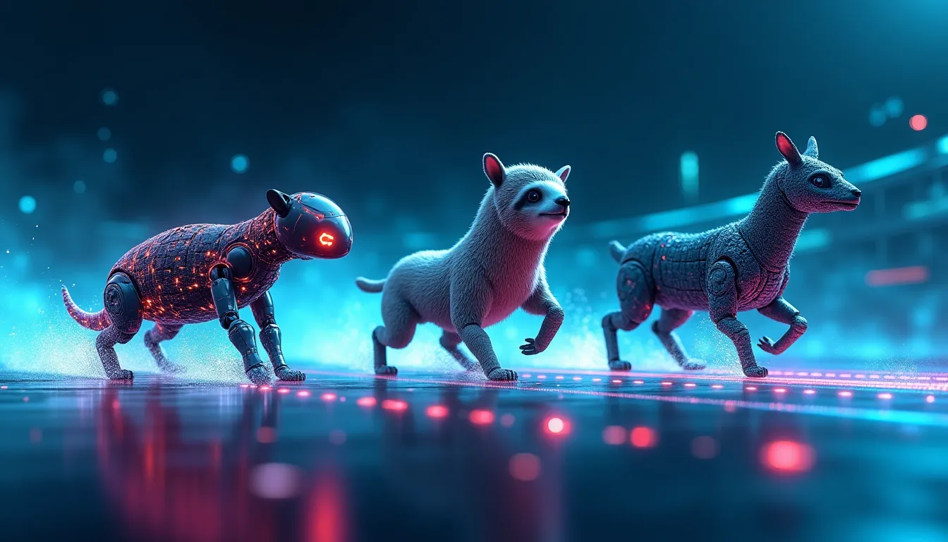 Axolotl, Unsloth ve LLaMA-Factory framework'lerini temsil eden robotik hayvan maskotları dijital yarış pistinde yarışıyor