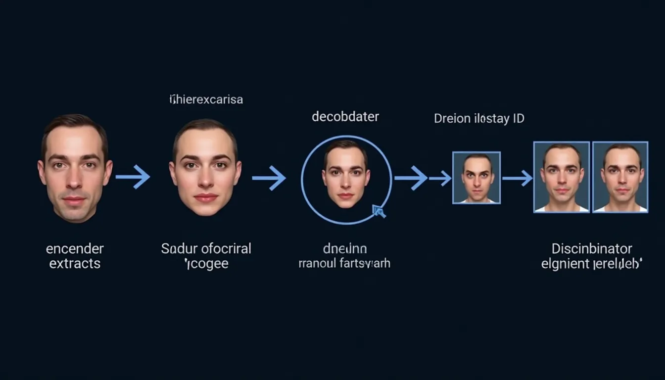 GAN mimarisi: encoder, decoder ve discriminator bileşenlerini gösteren teknik diyagram
