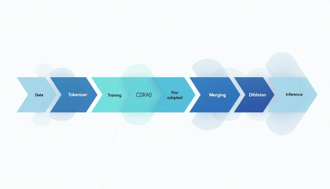 Fine-tuning iş akışı: Veri → Tokenizer → Eğitim → Birleştirme → Çıkarım