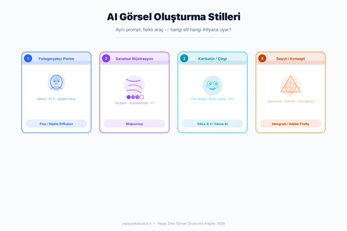 Araç karşılaştırma tablosu — Midjourney, DALL-E 3, Stable Diffusion, Ideogram, Flux, Adobe Firefly ve Canva AI'nın stil çıktıları yan yana
