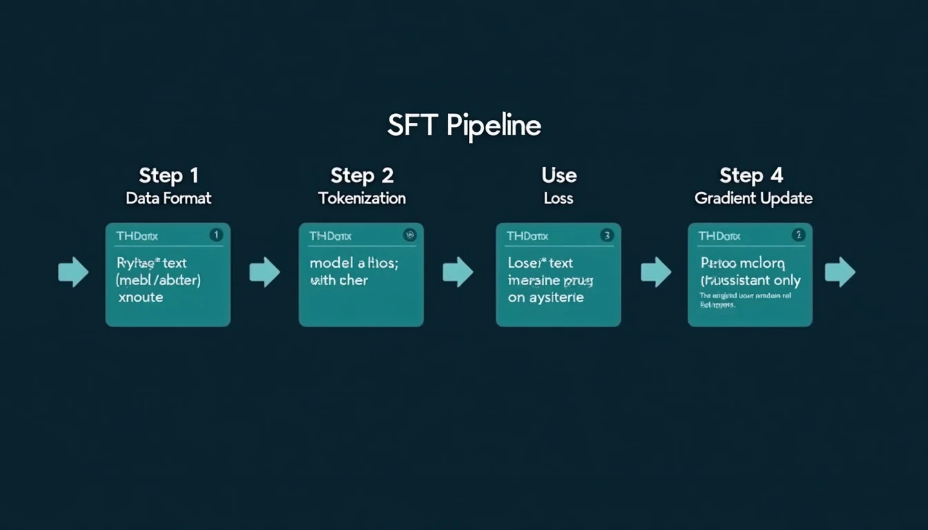 SFT pipeline diyagramı: veri formatı → tokenization → kayıp hesabı → gradient update
