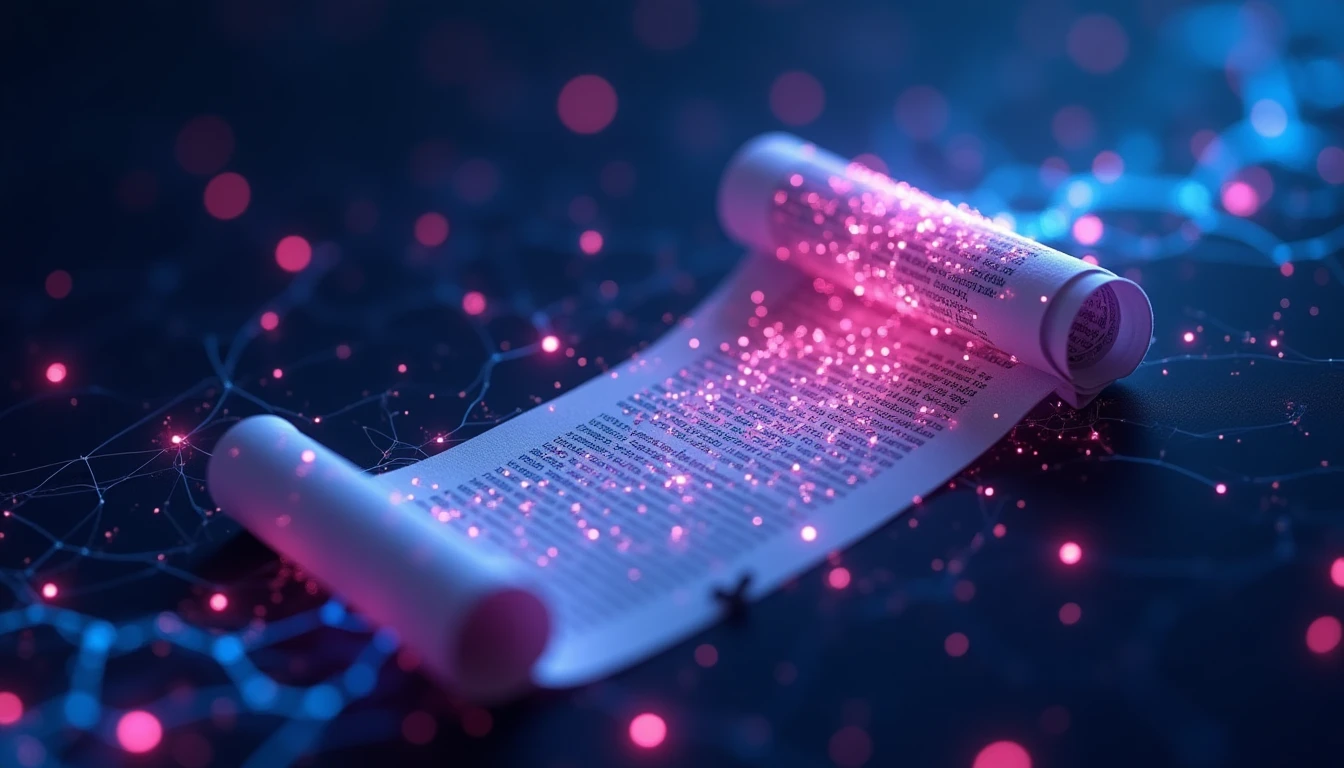 a very long scroll document unrolling and feeding into a glowing neural network