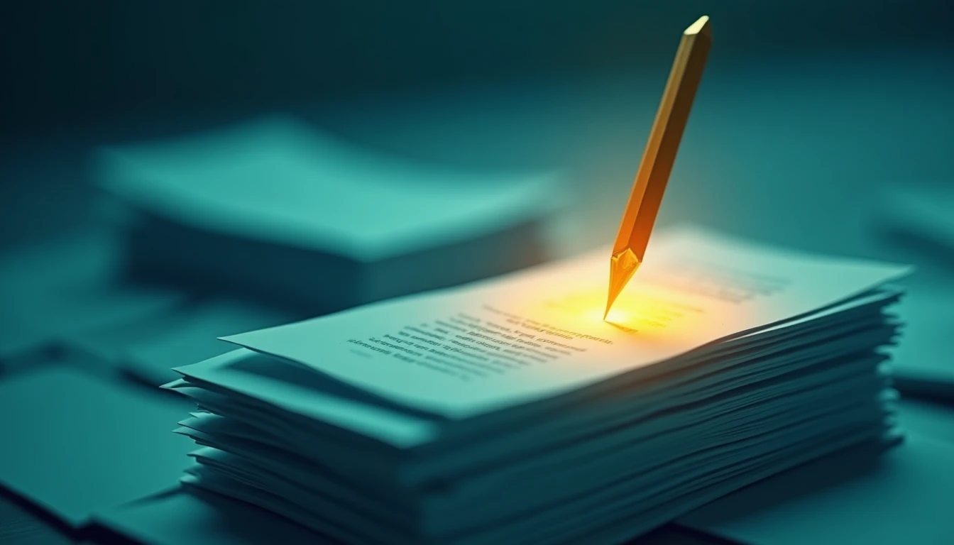 a glowing needle found inside a massive stack of digital documents dramatic spotlight teal and gold
