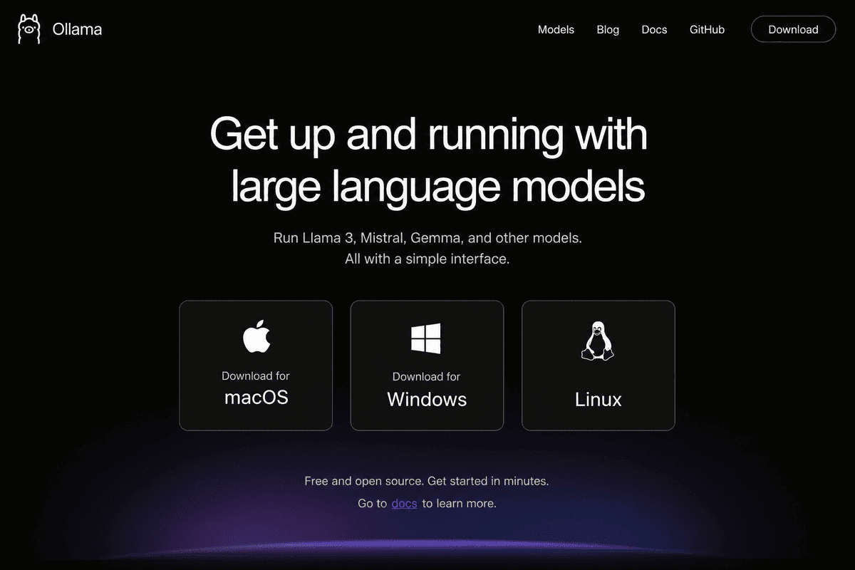 Ollama resmi web sitesi indirme ekranı — macOS, Windows ve Linux seçenekleri