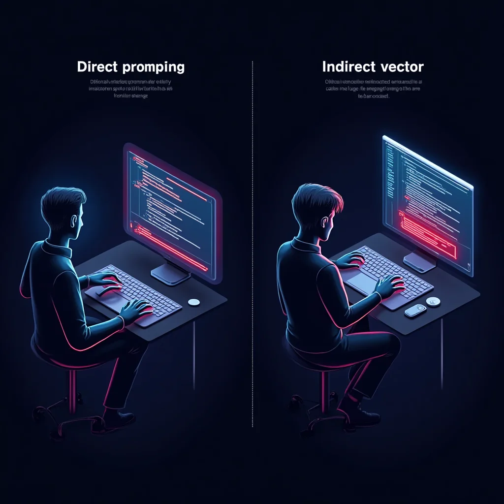 Direct ve indirect prompt injection saldırı vektörlerini karşılaştıran teknik diyagram