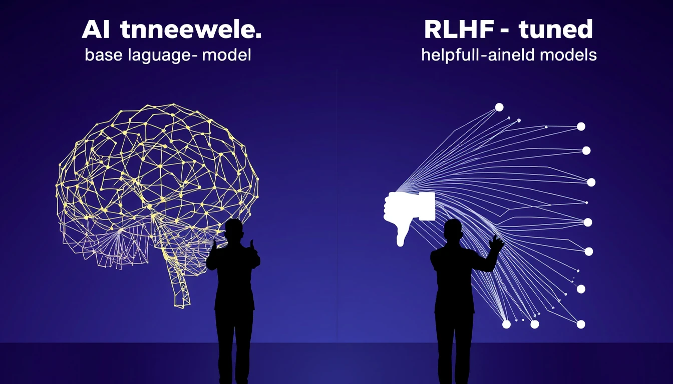 Base LLM ve RLHF ile uyarlanmış LLM çıktılarını karşılaştıran split-screen infografik