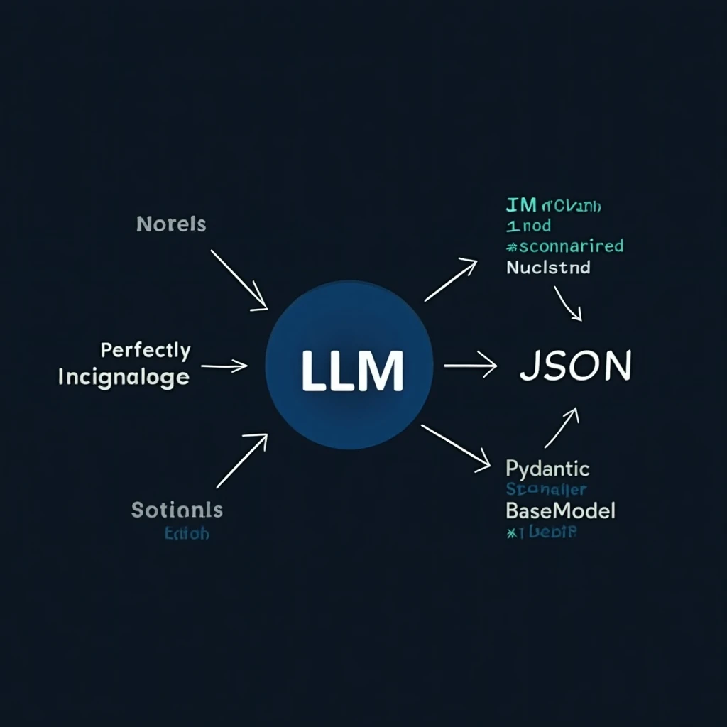 LLM structured outputs diyagramı — sorgu girişi ve Pydantic BaseModel şemasına uyan JSON çıktısı