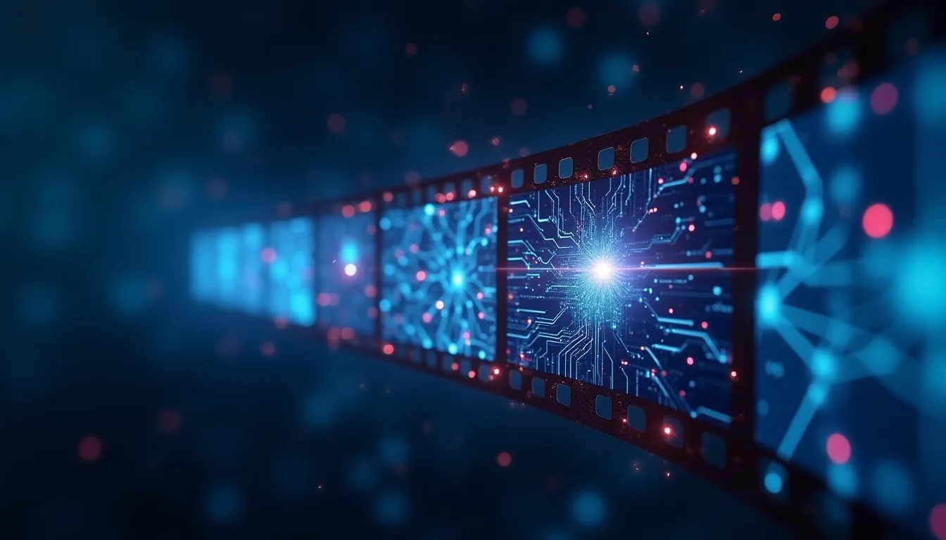 Text-to-video nedir: yapay zeka ile metin açıklamasından video üretimini gösteren soyut teknoloji illüstrasyonu