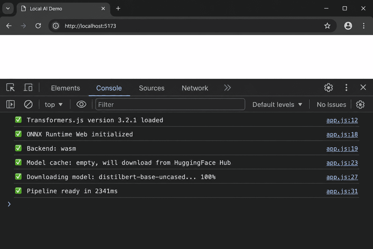 Tarayıcı konsolunda Transformers.js başarıyla yüklenmiş log çıktısı