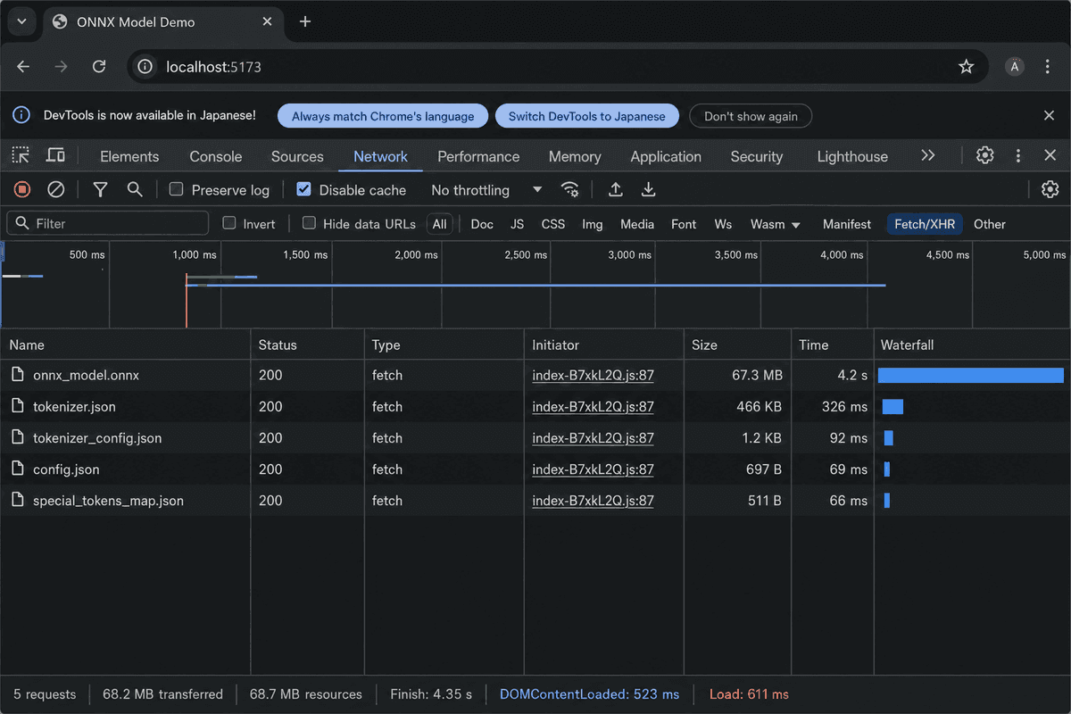 Chrome DevTools Network sekmesinde ONNX model dosyalarının tarayıcıya indirme süreci