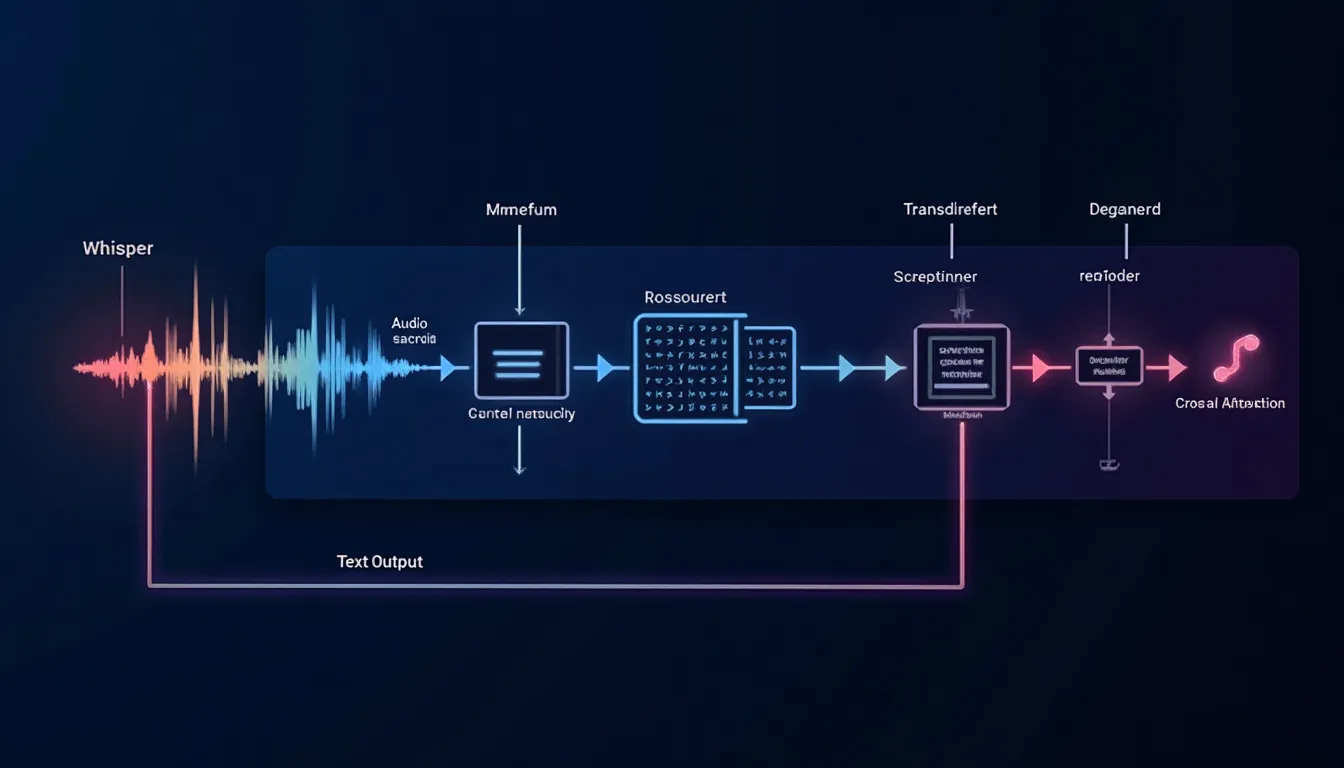 Whisper encoder-decoder mimarisi: ses dalgasından log-mel spektrograma, encoder bloğuna ve metin çıktısına akan diyagram