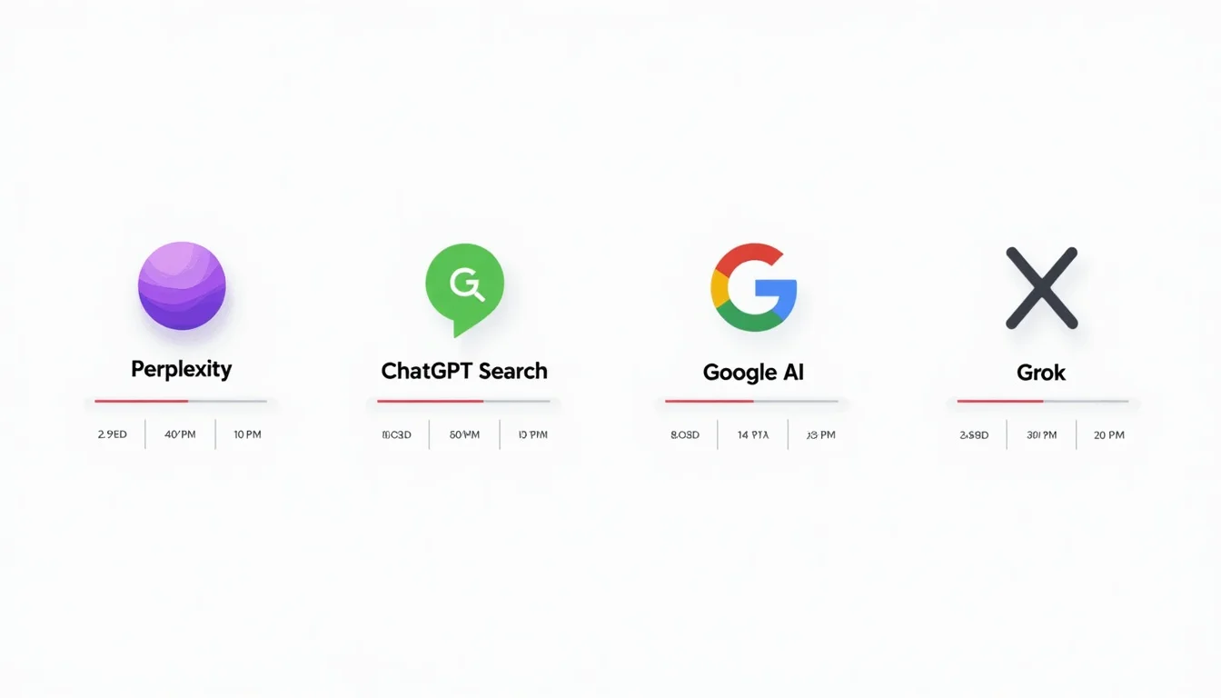 Perplexity, ChatGPT Search, Google AI Overviews ve Grok yan yana karşılaştırma infografiği