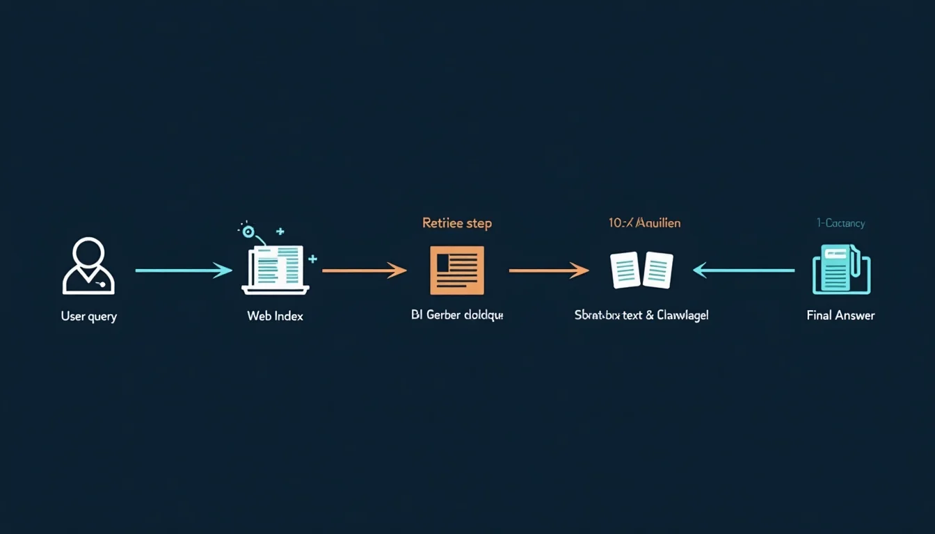 RAG mimarisi: kullanıcı sorgusundan web indeksine, retrieval adımından LLM sentezine ve kaynaklı yanıta giden akış diyagramı