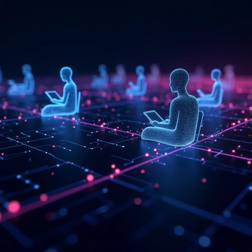 Birden fazla dijital ajan figürü internet ağı üzerinde koordineli çalışıyor, neon mavi ve mor bağlantı çizgileri, soyut konsept art