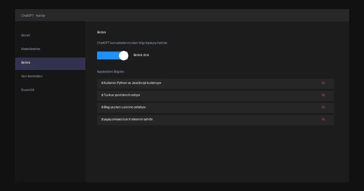 ChatGPT arayüzünde Memory (Bellek) ayarlarını ve kayıtlı anıları gösteren mockup