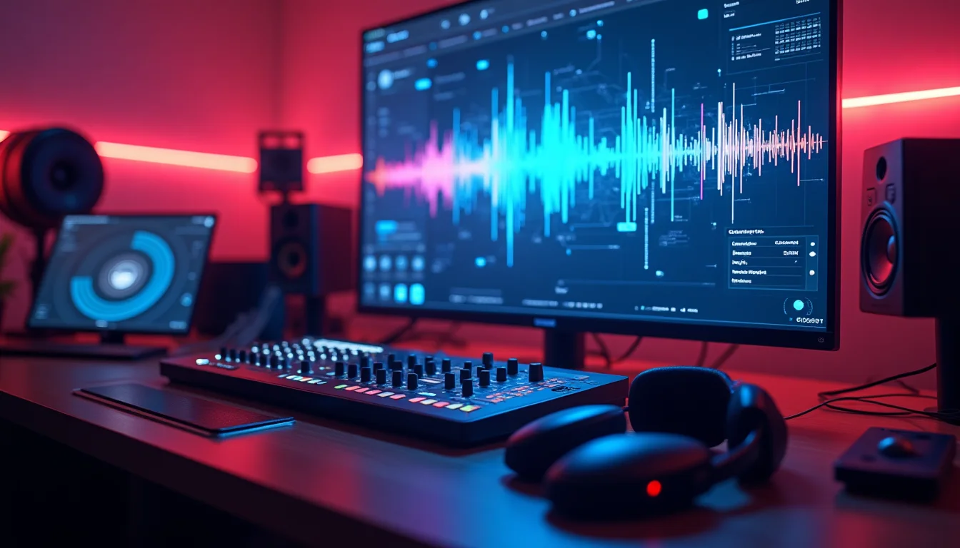 Yapay zeka müzik stüdyosu — neon renkli ses dalgaları ve AI arayüzü